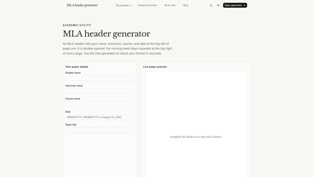HeaderGenerator.io Free MLA Header Generator - Screenshot 2