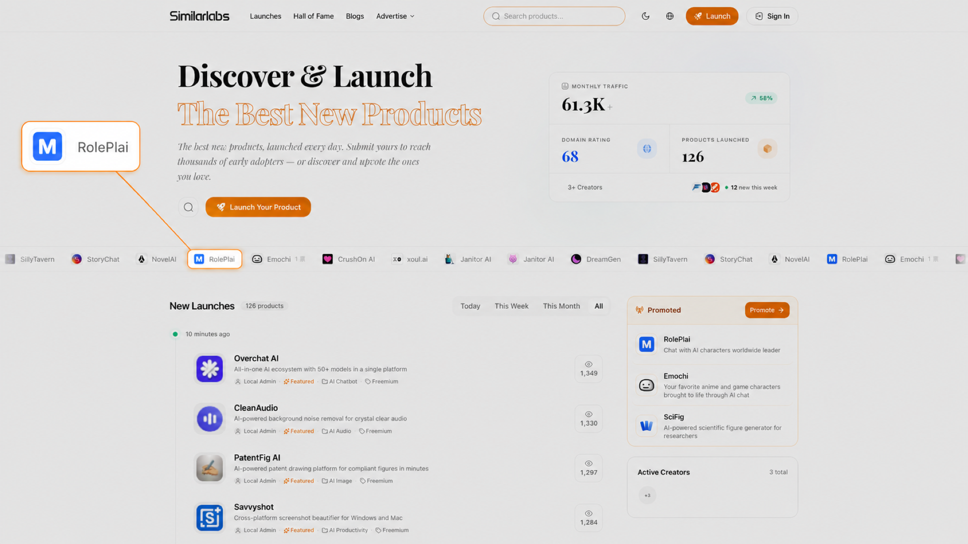 SimilarLabs-Startseite mit vergrößertem beworbenem Produkt und Verweis auf das Produktband
