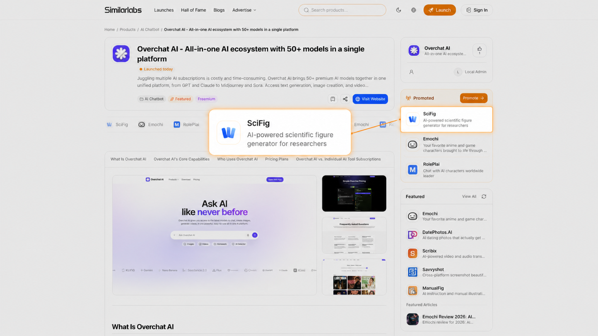 SimilarLabs-Produktseite mit vergrößertem beworbenem Produkt und Verweis auf die Sidebar