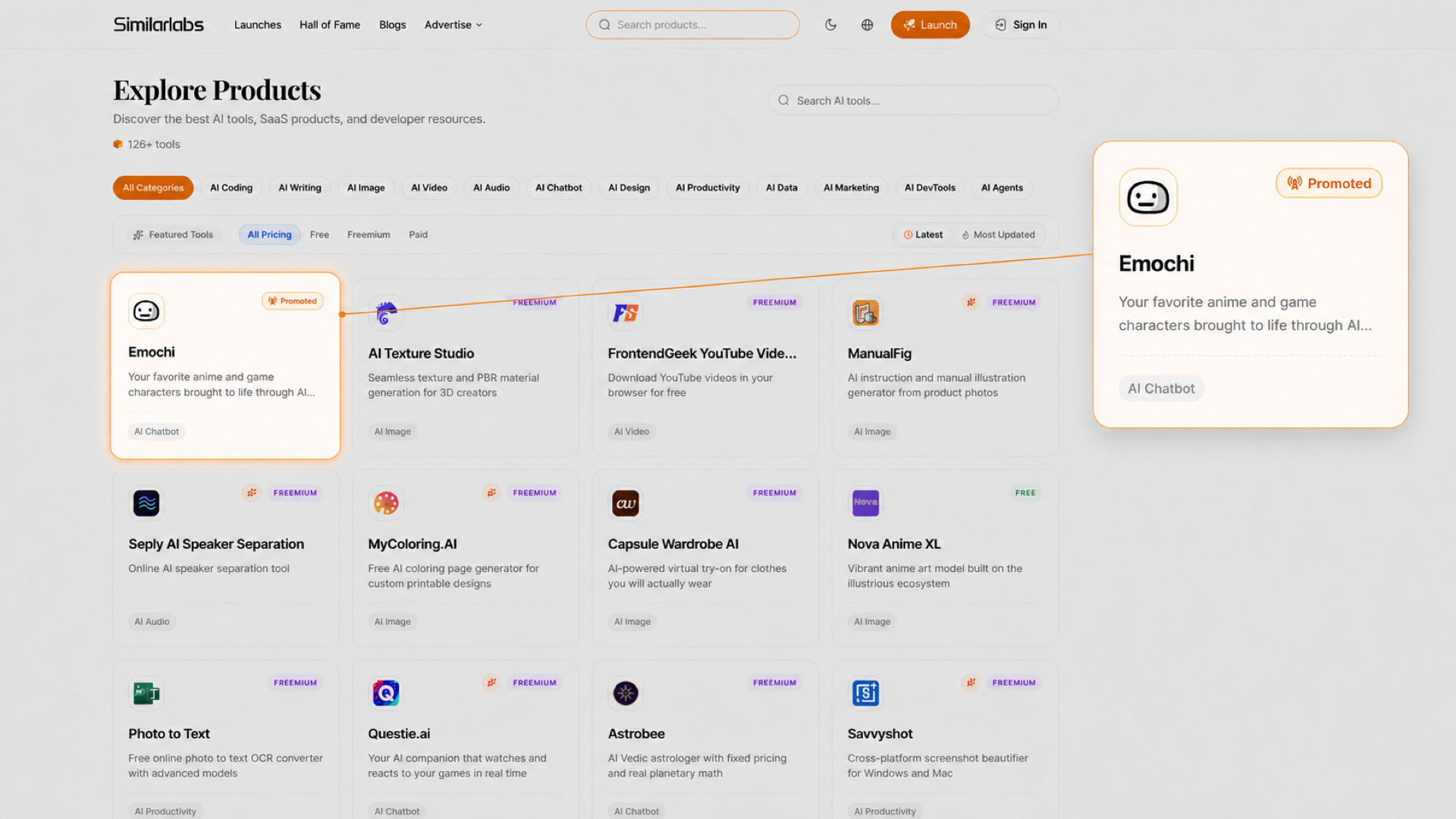 SimilarLabs-Produktliste mit vergrößertem beworbenem Produkt und Verweis auf die erste Karte