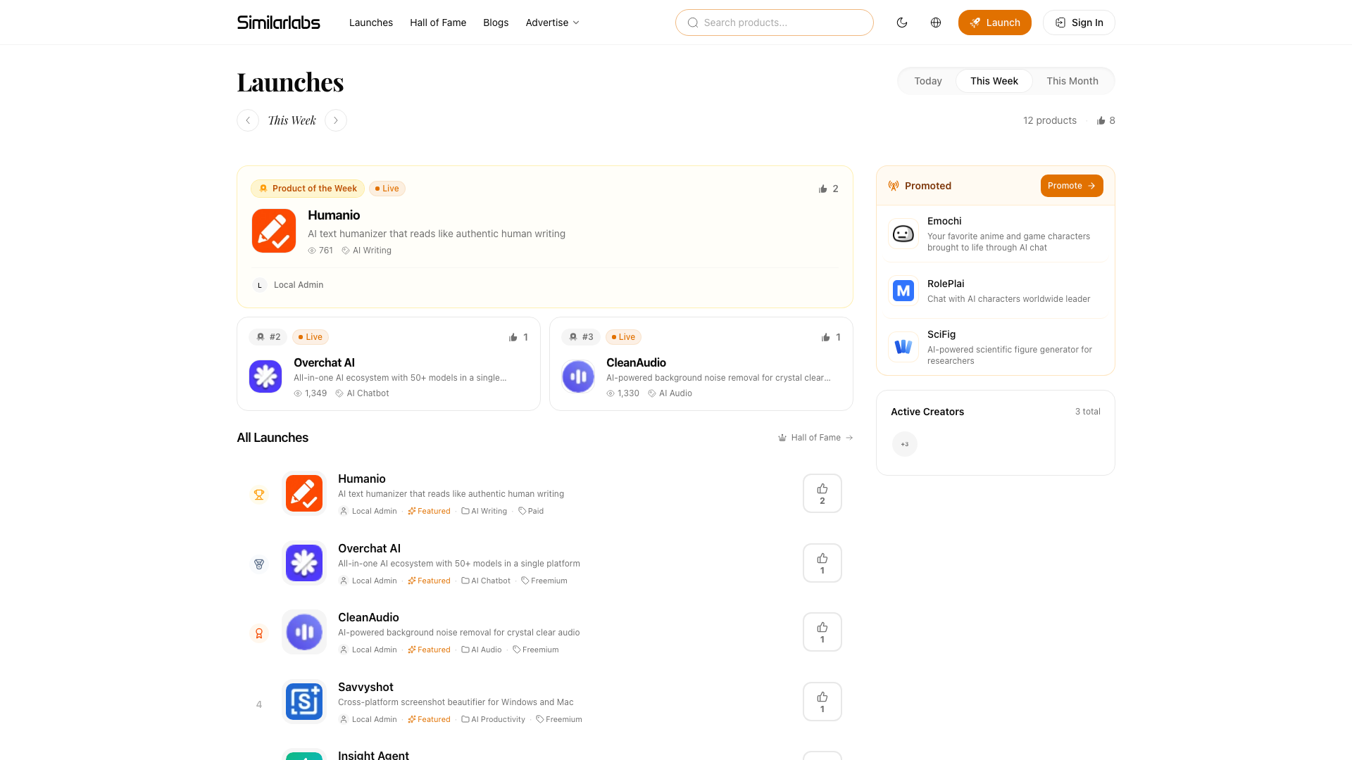 Wöchentliche SimilarLabs-Launches mit hervorgehobenen Produkträngen und Einträgen